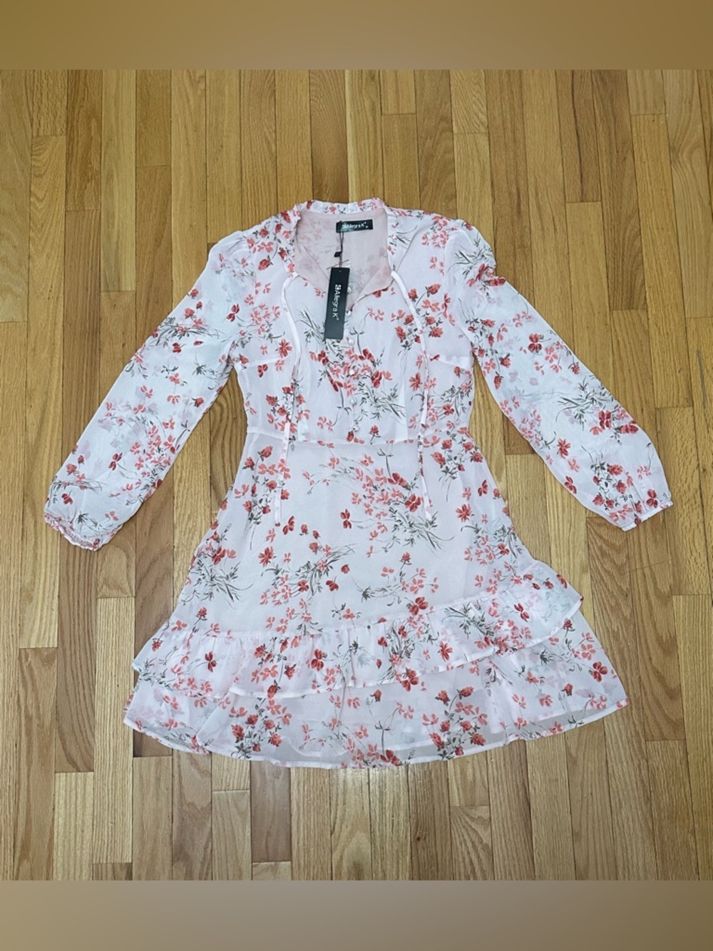 Allegra K Pink Floral Long Sleeve Ruffle Tier Dress - Picture 3 of 7
